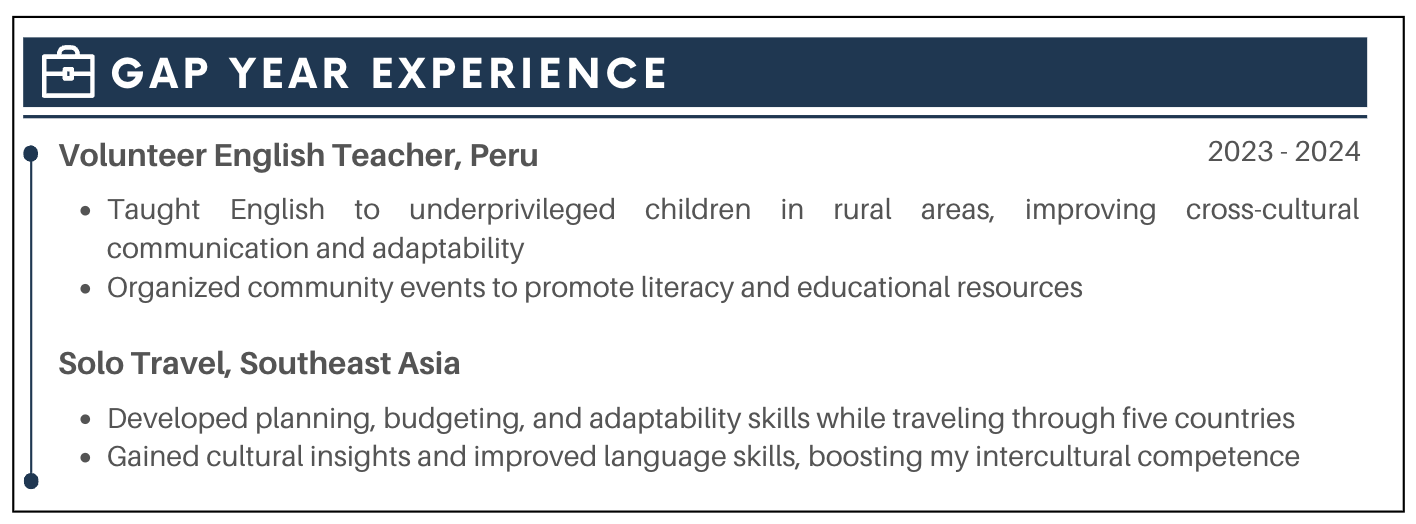 Gap Year Experience Section on Resume Example