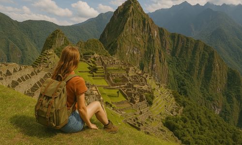 A traveler sits on a grassy ledge overlooking Machu Picchu during a gap year in Latin America.